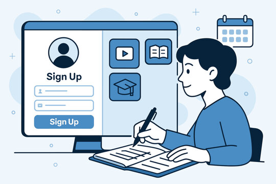 Creating an online account while taking notes at a desk in a bright workspace