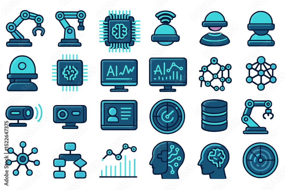 Poster illustration of technology icons representing artificial intelligence applications and robotics in d