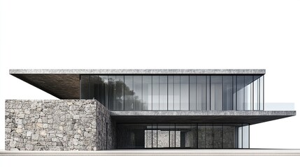 Obraz premium Modern, minimalist house rendering; stone base, glass facade, cantilevered concrete roof, showcasing sleek lines and open interior views against a white backdrop