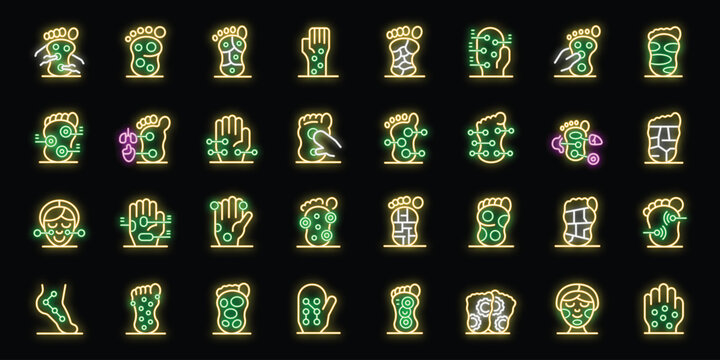 Neon icons representing reflexology, showing acupressure points on feet and hands, highlighting massage techniques and stimulation for healing