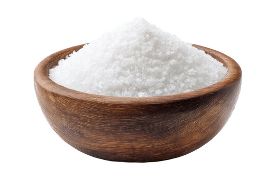 Wooden bowl filled with coarse white salt on black background, cut out