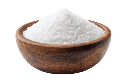 Wooden bowl filled with coarse white salt on black background, cut out