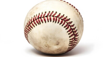 A slightly used baseball with red stitching is isolated against a plain white background in a close up shot