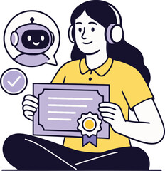 AI Certification Vector: Woman Holding Diploma with Robot Assistant
