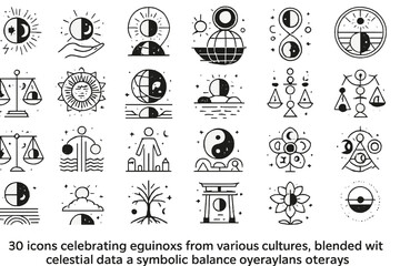 Icons celebrating equinox traditions across cultures with celestial themes showcasing balance and harmony in nature