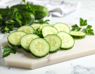 Whole and sliced cucumbers on a marble cutting board with herbs