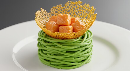 Salmon Cubes on Green Pasta Dish