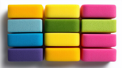 Colorful sponges arranged in two rows on a white background for cleaning and household use