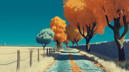 Stylized Autumn Landscape with Trees, Road, Fence, and Wall Under a Vibrant Blue Sky