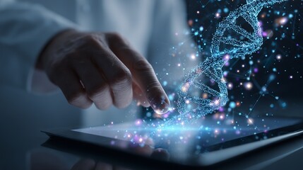 Doctor using tablet with digital medical records and dna hologram interface in modern healthcare technology concept