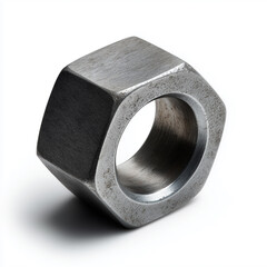 Matte gray metal nut on white background with focus on industrial hardware design