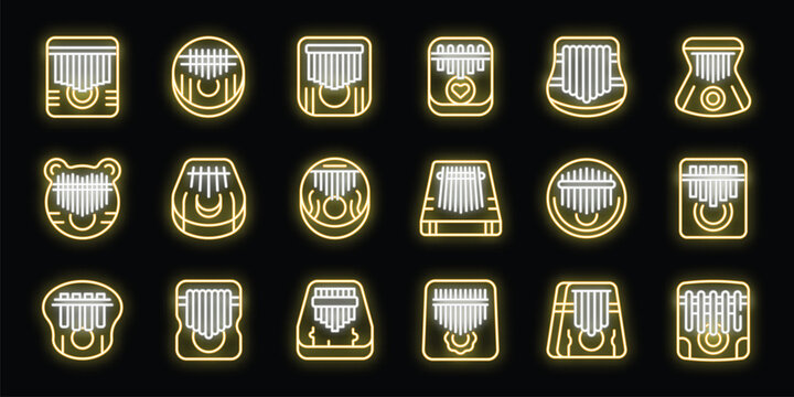 Neon kalimba icons set, performing on a thumb piano, musical instrument icons collection