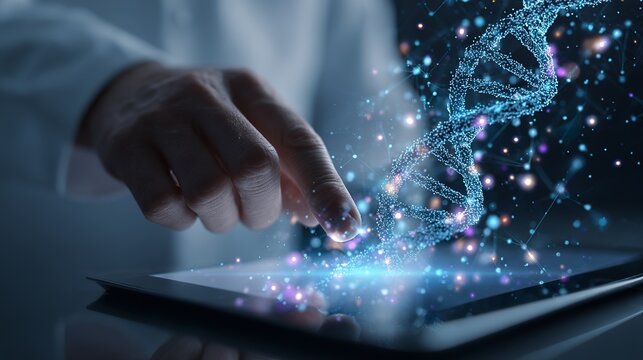 Doctor using tablet with digital medical records and dna hologram interface in modern healthcare technology concept