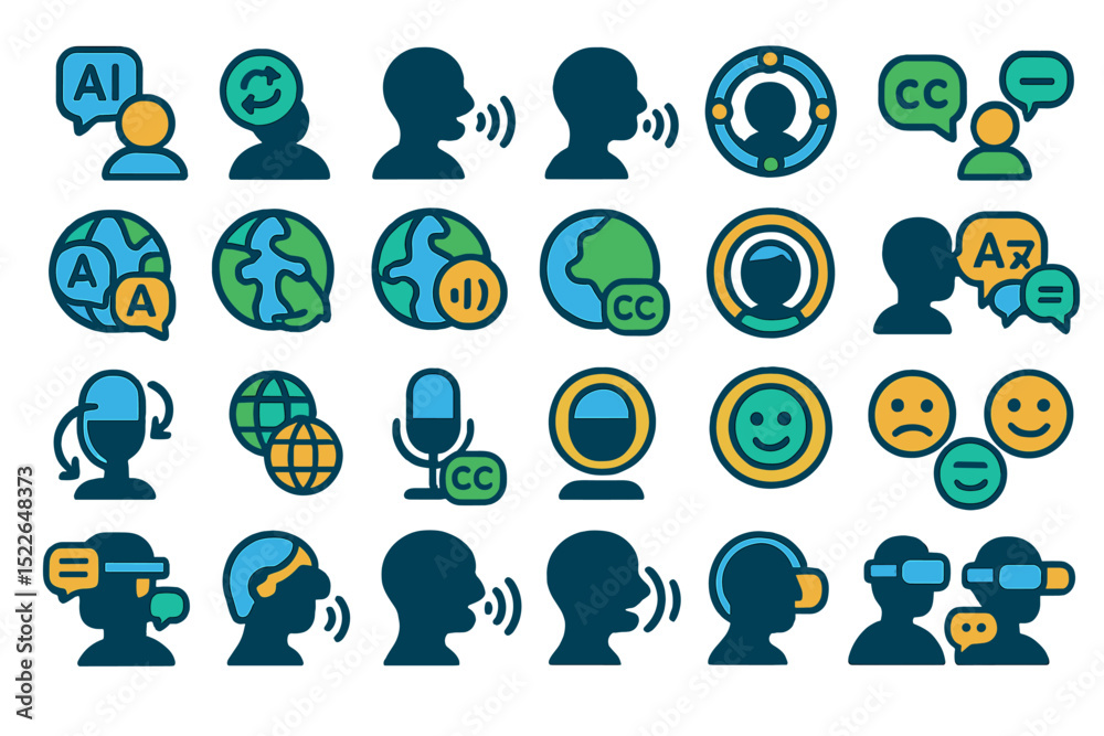 Poster different communication icons representing global interactions and advanced technology in a digital 