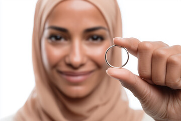 Proud Egyptian woman showcases her wedding ring with joy against a white background