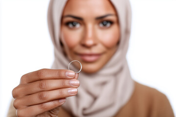 Proud Egyptian woman displays her wedding ring with a joyful smile against a clean white background
