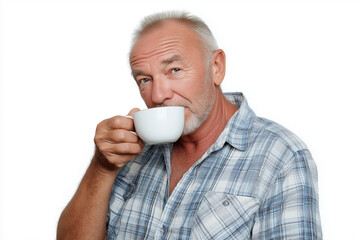 Relaxed Australian senior man enjoying a cup of tea in a cozy and casual setting on a white background