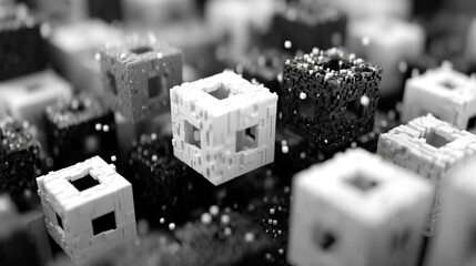 Abstract 3D rendered cubes in grayscale, forming a futuristic or technological design