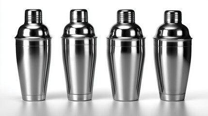 Cocktail shakers in different styles showcased on a white background for mixology enthusiasts
