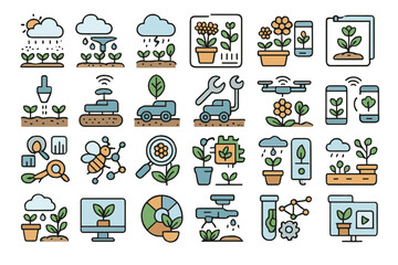 Various icons depicting gardening, planting, and technology integration in agriculture activities