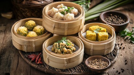 Assorted steamed curry baskets with herbs and spices on a rustic background