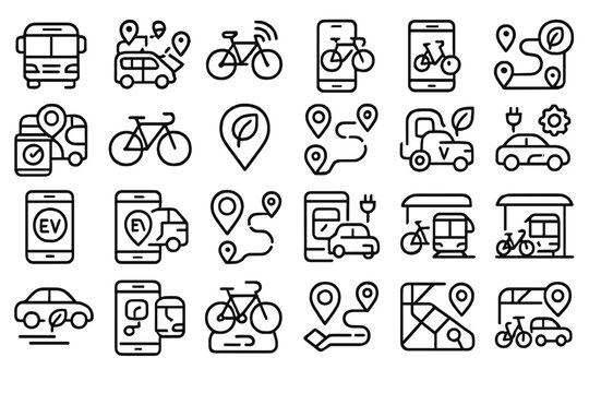 Diverse transportation icons illustrating various vehicle types, location markers, and navigation concepts for urban mobility