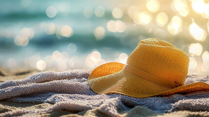 A relaxing scene on the beach, with a straw hat and a towel, a perfect vacation