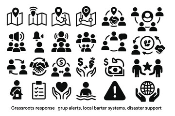 Icons representing community support, disaster response, and local barter systems for grassroots initiatives