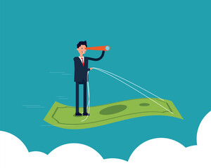 Businessman on flying money carpet plane