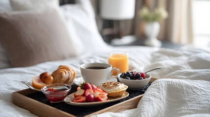 Breakfast on a bed in a hotel room served with coffee, juice, fruits, and pastries delightfully