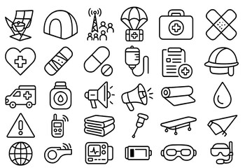 Naklejka premium First aid icons collection representing emergency response, health care, and disaster management essentials