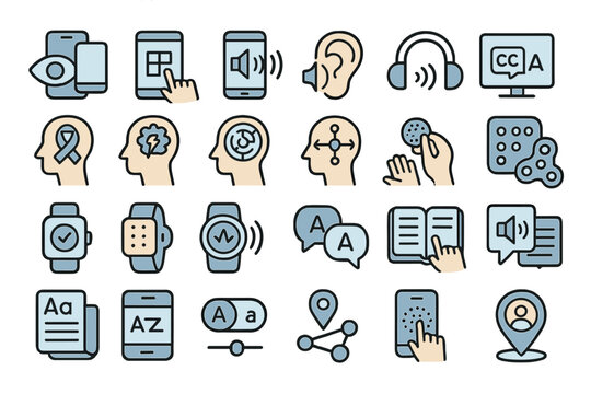 Collection of icons illustrating assistive technologies for accessibility in various environments