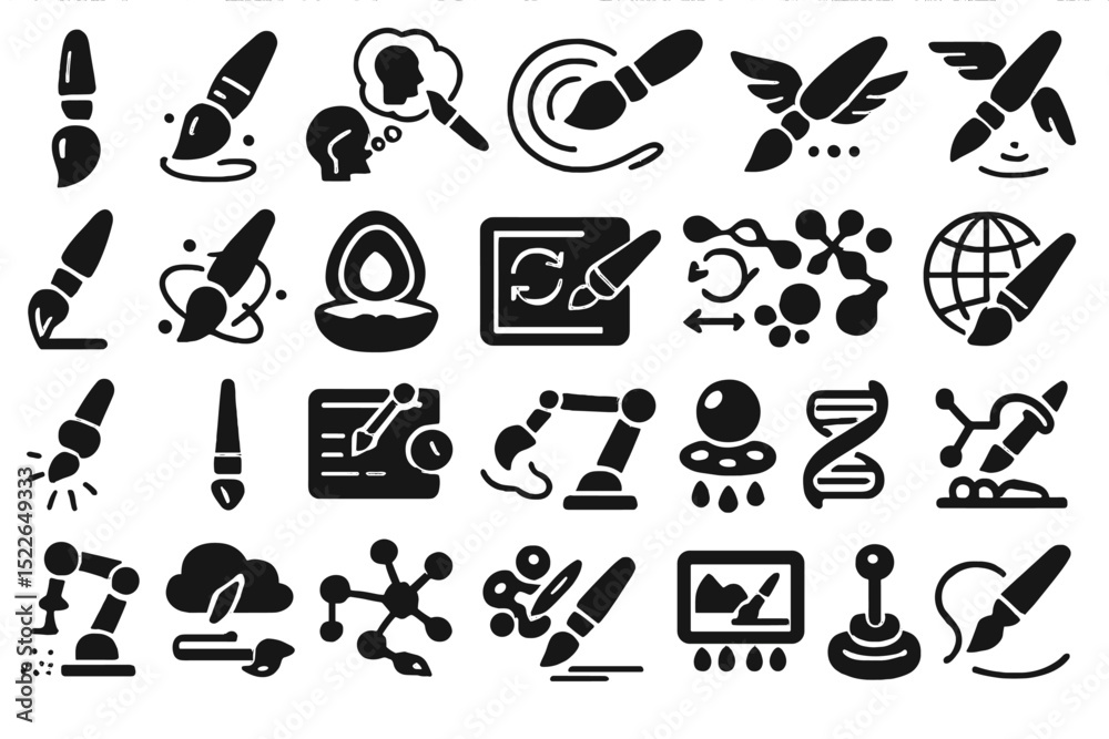Poster creative tools and concepts for digital art and design displayed in various abstract icons