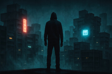 Man in hoodie stands on rooftop facing dark neon cityscape, cyberpunk mystery, generative AI
