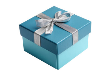 Obraz premium Elegant blue gift box with silver ribbon tied in a bow, cut out