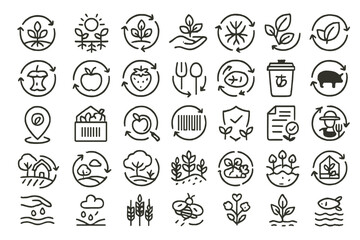 Fototapeta premium Collection of sustainable gardening icons depicting nature, recycling, and eco-friendly practices in a minimalist style
