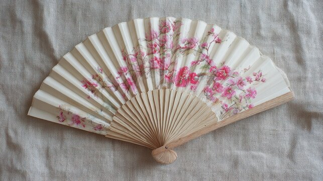 Elegant Handcrafted Decorative Fan with Pink Floral Design on Light Fabric Background