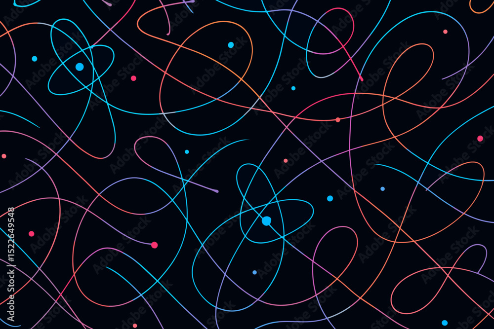 Poster abstract patterns create a vibrant, colorful design with swirls and dots on a dark background