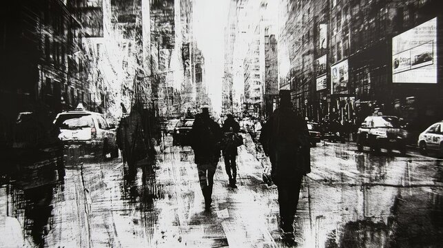 Fototapeta Urban scene, black and white,  impressionistic, city street, pedestrians,  busy, day.