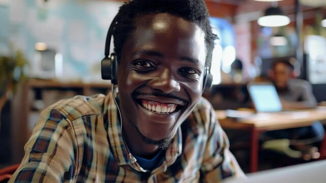 A cheerful young man wearing headphones and sitting at a table. He appears to be engaged in an enjoyable conversation or listening to music.