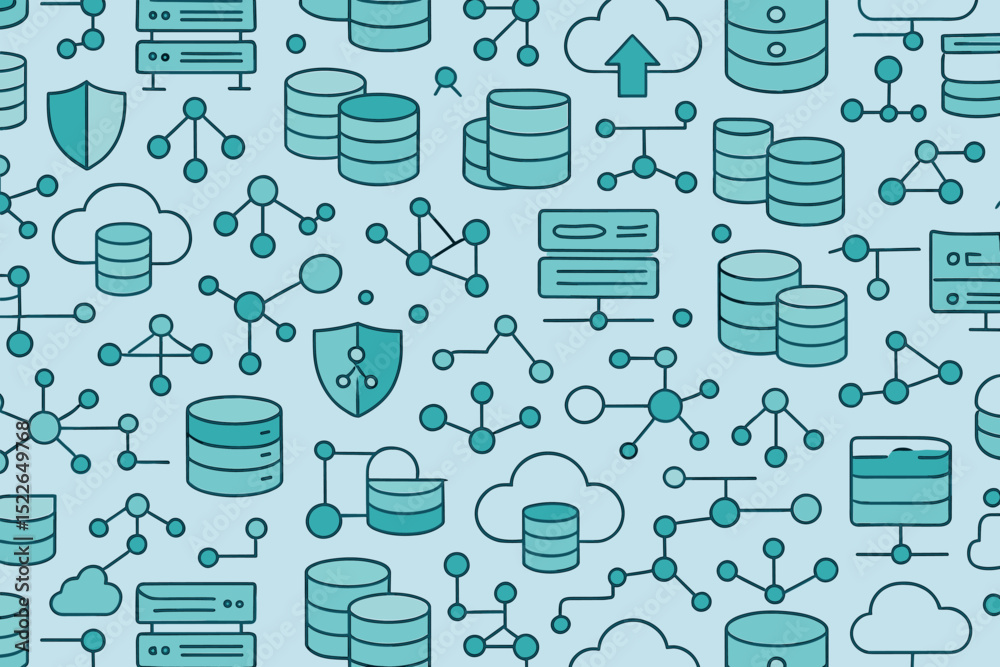 Aufkleber abstract design featuring database symbols and cloud computing elements on a light blue background