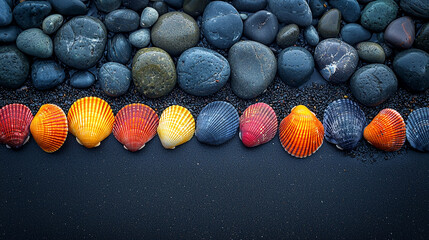Colorful Seashells and Smooth Stones Arranged on a Black Sandy Beach