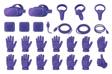 Virtual reality gaming accessories and equipment layout showcasing controllers, headsets, and gloves in a vibrant purple color