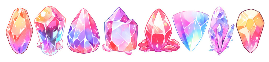 Set of 8 fantasy crystal gemstones in watercolor graphic illustration style, isolated on a transparent background. Pink color tone.