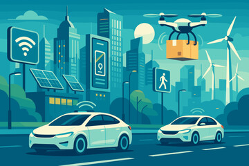 Urban delivery system with drones and electric vehicles in a futuristic city