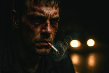 Close-up of bruised man smoking in dark street, intense expression and cinematic lighting, generative AI