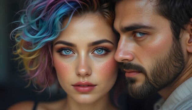 mysterious colorful woman with husband&rdquo;, here is a polished SEO-optimized 200-character title and 47 unique, single-word keywords, ideal for creative, artistic, or storytelling content (e.g., photogra