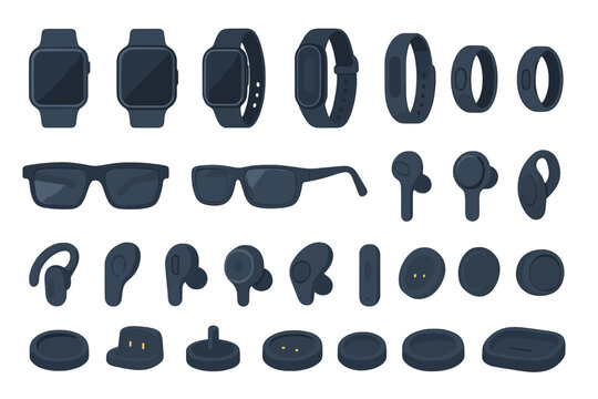 Variety of wearable technology products displayed on a solid background in an organized layout for tech enthusiasts