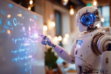 Robot with futuristic design interacting with digital screen displaying mathematical equations and scientific symbols in a modern workspace setting