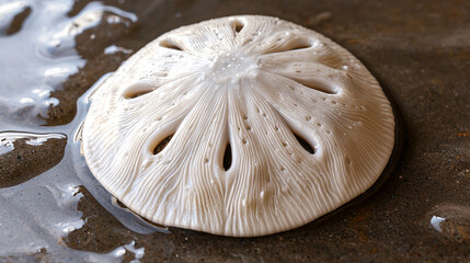 Close-up of a sand dollar on wet sand, showcasing the intricate details and textures